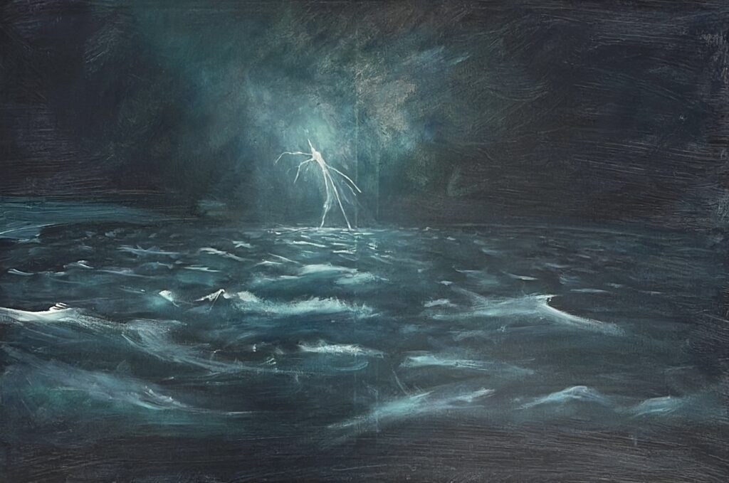 Painting representing lightning illuminating the stormy sky above the rough sea, expressing power and dynamism.