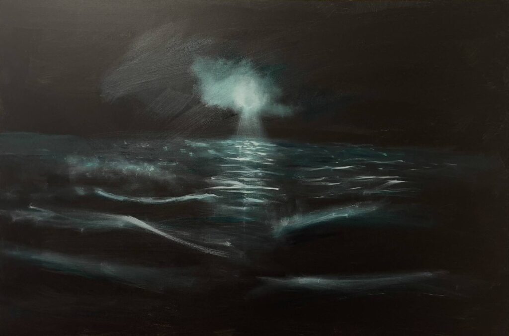 Painting that represents the moonlight reflecting on the sea waves, creating a magical and dreamlike atmosphere.