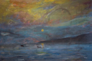 Dipinto impressionista che raffigura l'alba sullo Stretto di Messina con mare, cielo e montagne stilizzati.