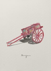 Minimalist painting of the Sicilian cart, reinterpreted with simple lines and bright color contrasts.
