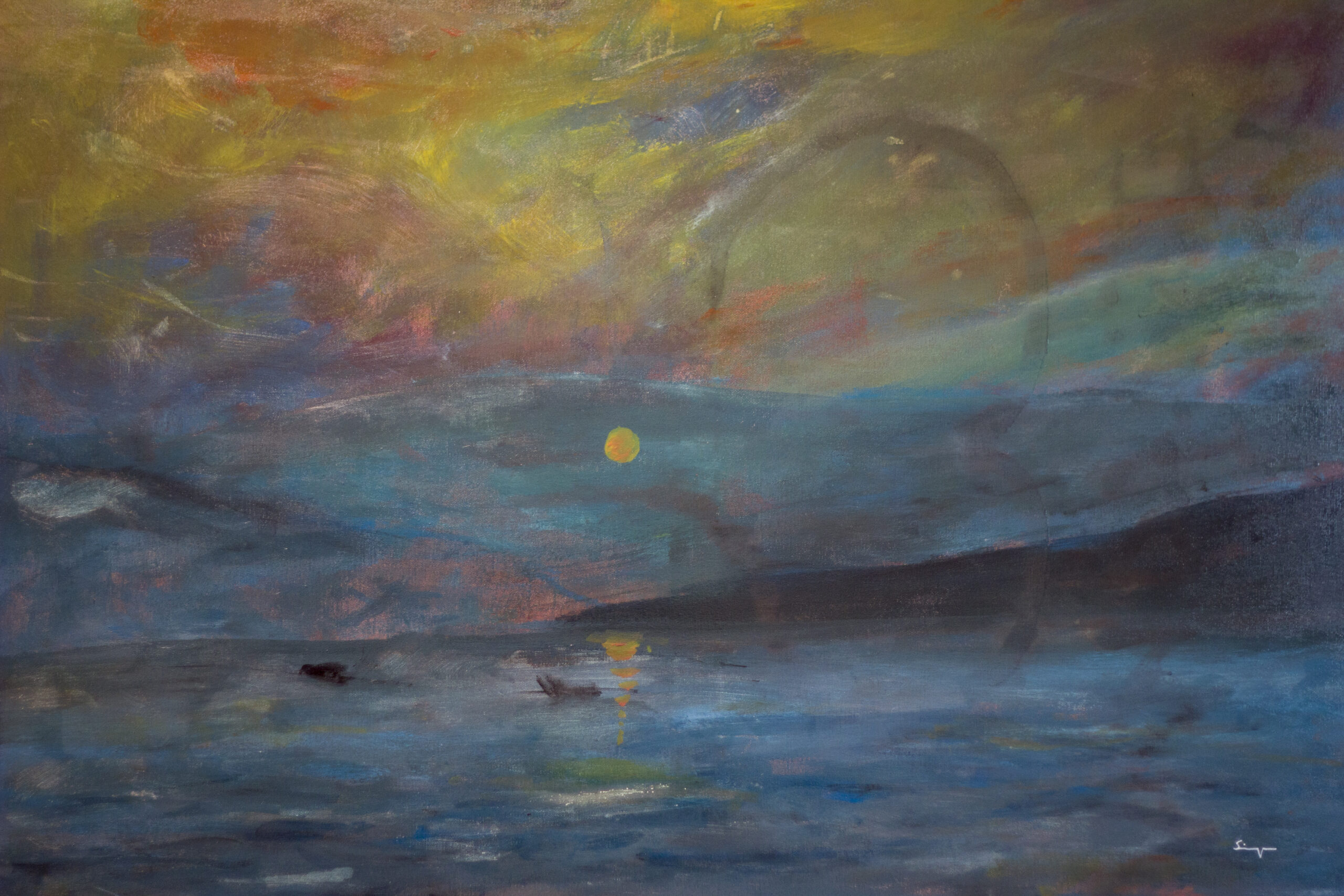 Impressionist painting depicting sunrise over the Strait of Messina with stylized sea, sky and mountains.