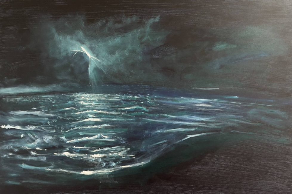 Dipinto che rappresenta un fulmine che illumina lateralmente una scena marina tempestosa, creando un gioco di luci e ombre.
